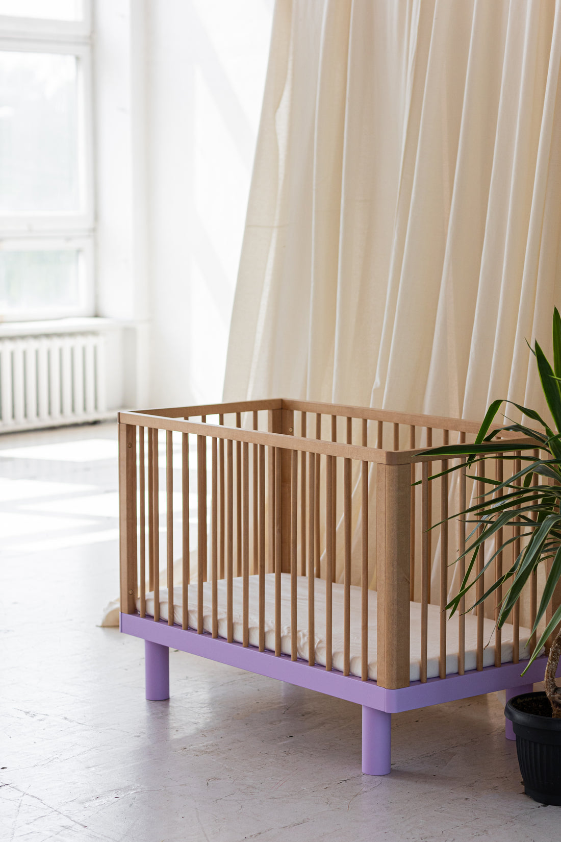 Nox cot in natural wood and lavender