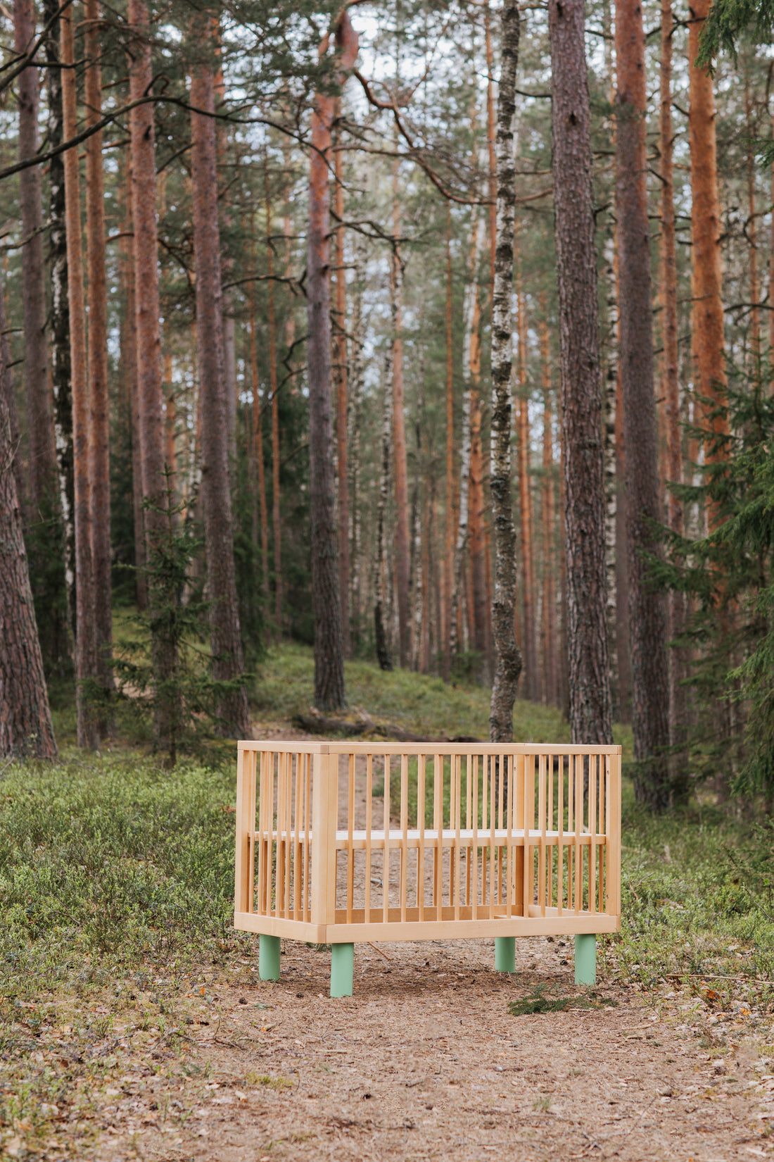 Nox cot in natural wood and green